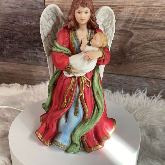 HOMCO Vintage Home Interior #1432 Angel Holding Baby Red Green Gold 8" - Picture 2 of 8